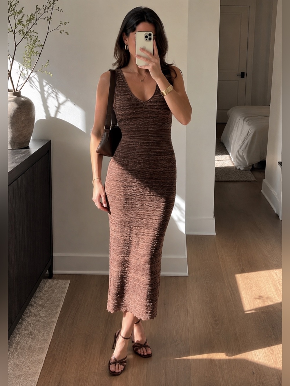 Torn by Ronny Kobo Mindy Cocoa Marl Sleeveless Open-Back Knit Midi Dress M NWT